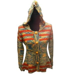 MISS MORENA Sequined Rainbow Gold Loose Knit Babydoll Cardigan Sweater Sz Small